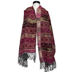 Pashmina Burgundy Gold Pink Geometric Metallic Fringe Shawl Scarf Boho Wrap
